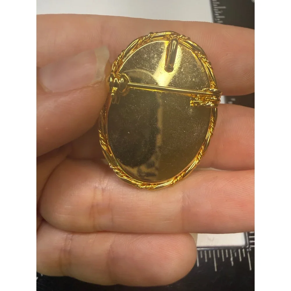 Vintage Gold Tone Amber Resin Cameo Brooch Pendant Left Facing Female Profile